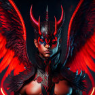 Menacing robotic figure with red eyes, horns, and wings on dark background