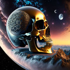Surreal artwork: Mechanical skull in cosmic scenery
