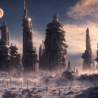 Futuristic cityscape with skyscrapers, red moon, flying vehicles, and twilight vibe