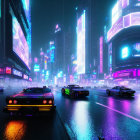 Futuristic neon-lit city street with digital billboards & cars