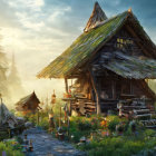 Fantasy landscape: wooden house on stilts in twilight with moonlit ruins