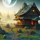 Fantastical House with Glowing Orbs and Mystical Landscape