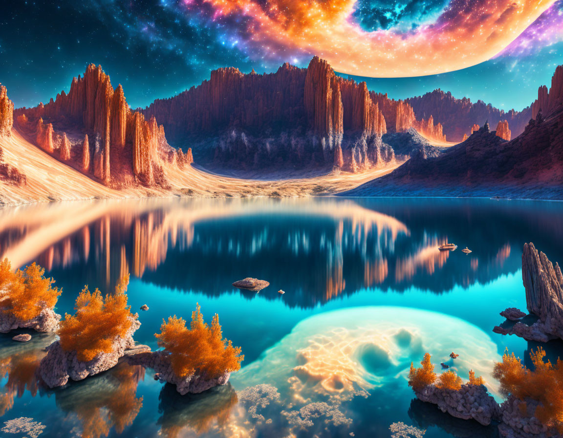 Vibrant orange foliage, serene blue waters, and majestic rock formations in surreal landscape