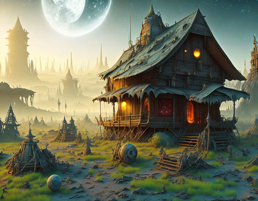 Fantasy landscape: wooden house on stilts in twilight with moonlit ruins