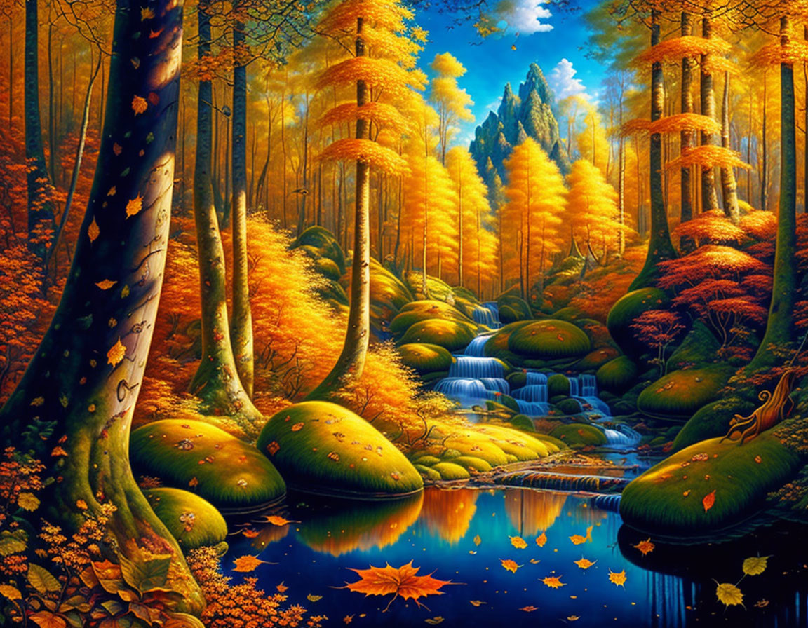 Vibrant fantasy autumn forest with golden trees and cascading stream