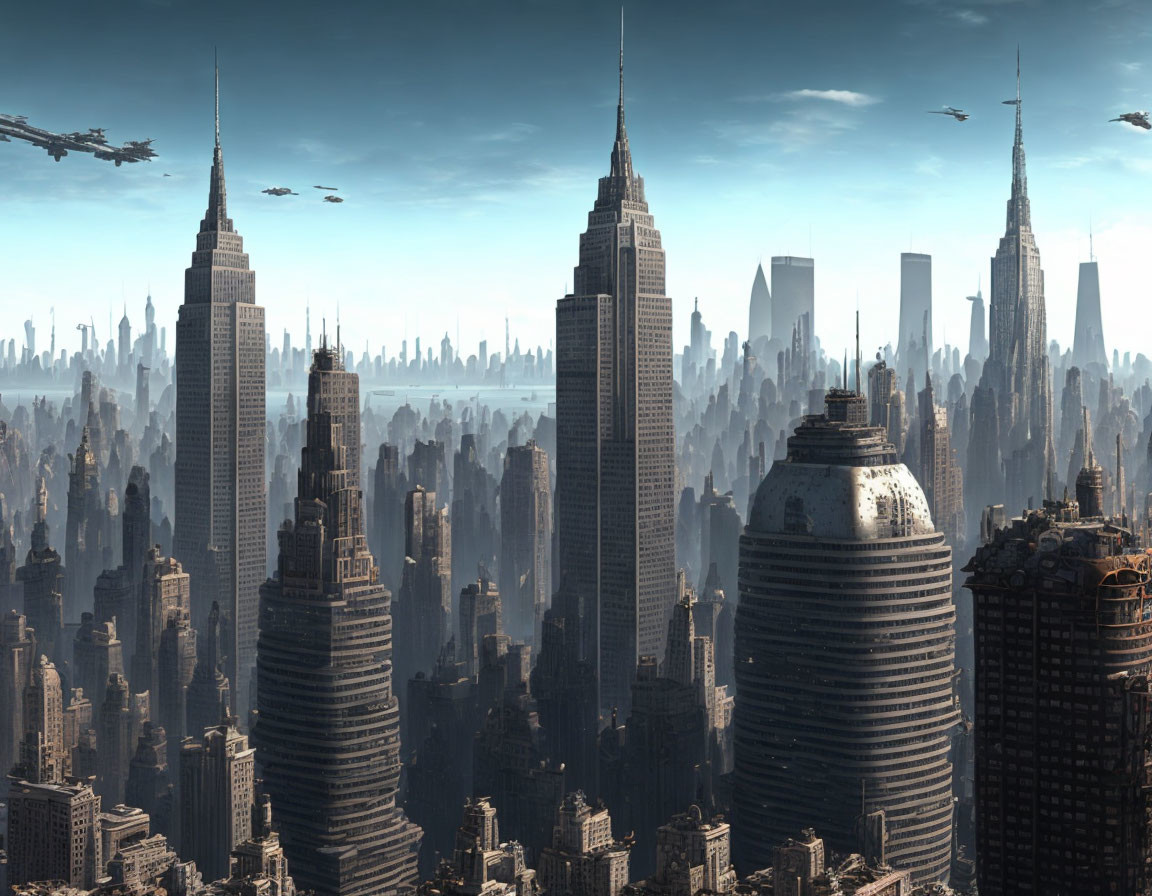 Futuristic City Landscape with Dense High-Rises and Flying Vehicles