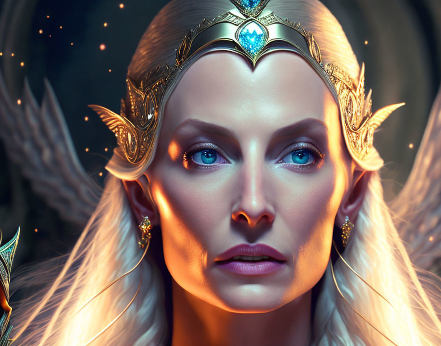 Regal woman with blue eyes in golden crown and gemstone earrings