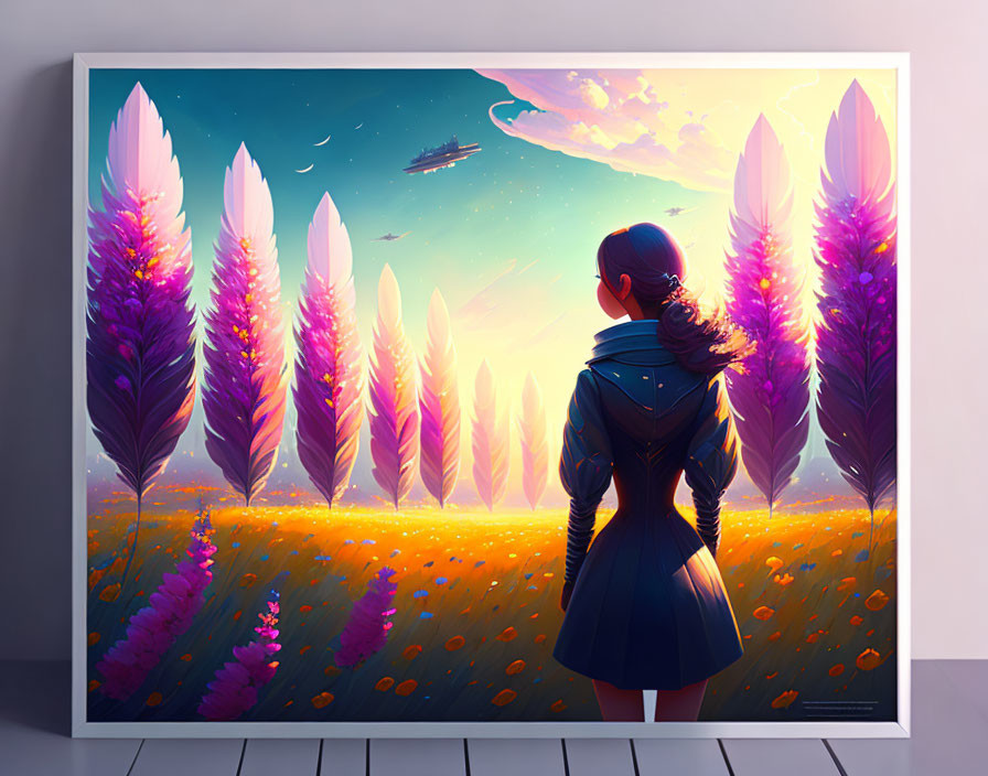Colorful foliage and spaceship in vibrant, otherworldly landscape