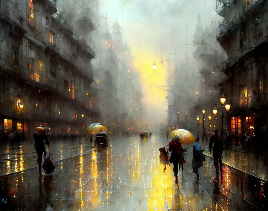 Pedestrians with umbrellas on rain-soaked city street at dusk
