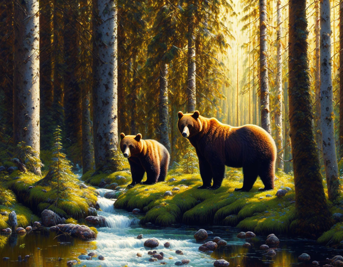 Brown bears by stream in sunlit forest with tall pine trees