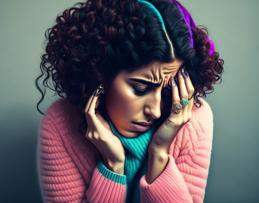 Distressed woman with curly hair in pink sweater and blue headband.