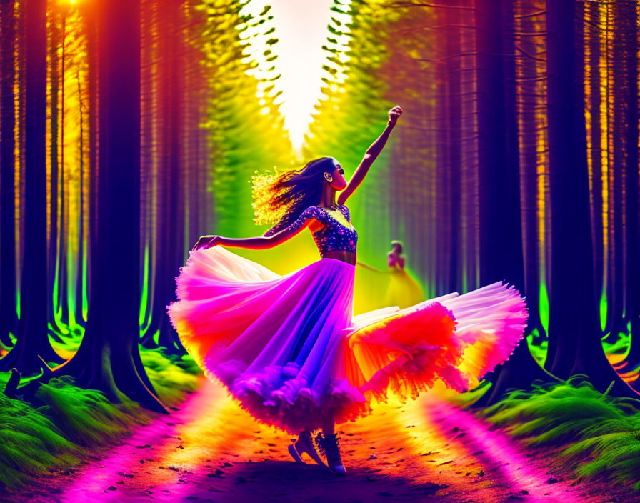 Person in flowing dress dancing in colorful forest with light beams