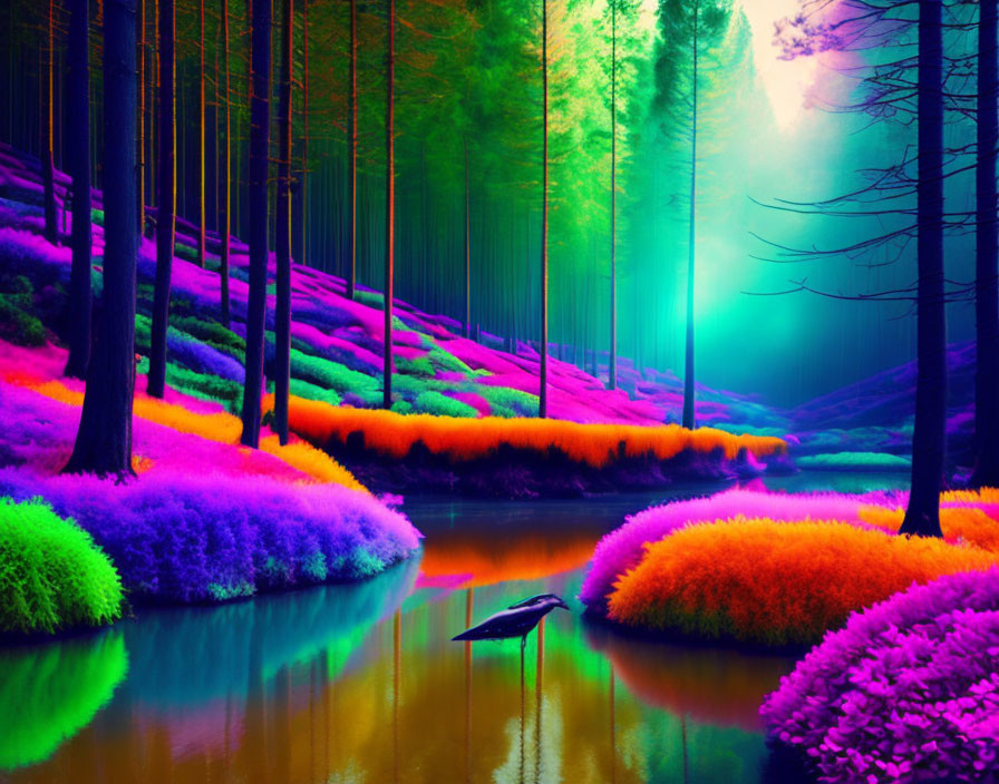 Surreal neon forest scene by reflective lake under glowing sunbeam