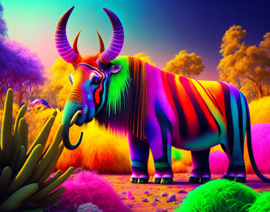 Colorful fantasy creature with elephant and unicorn features in neon-toned landscape