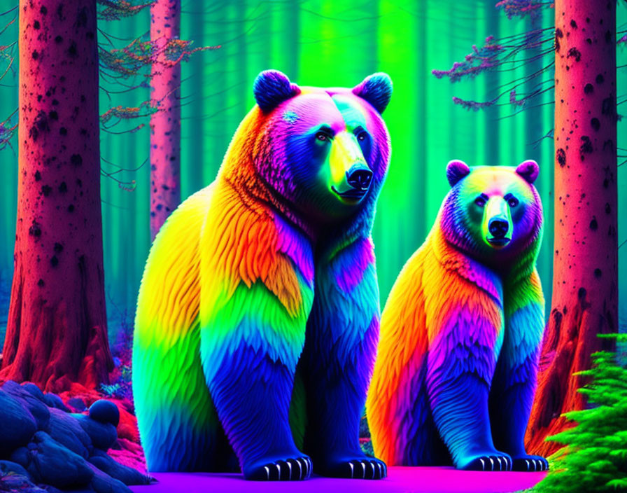 Colorful rainbow bears in neon-lit forest setting.