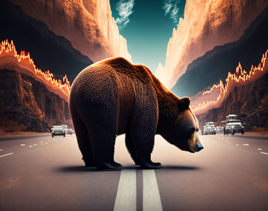 Brown bear standing on road with stopped cars and cliff walls
