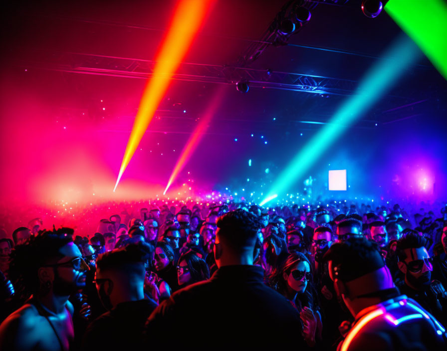 Colorful music festival crowd with stage lights, lasers, and smoke effect