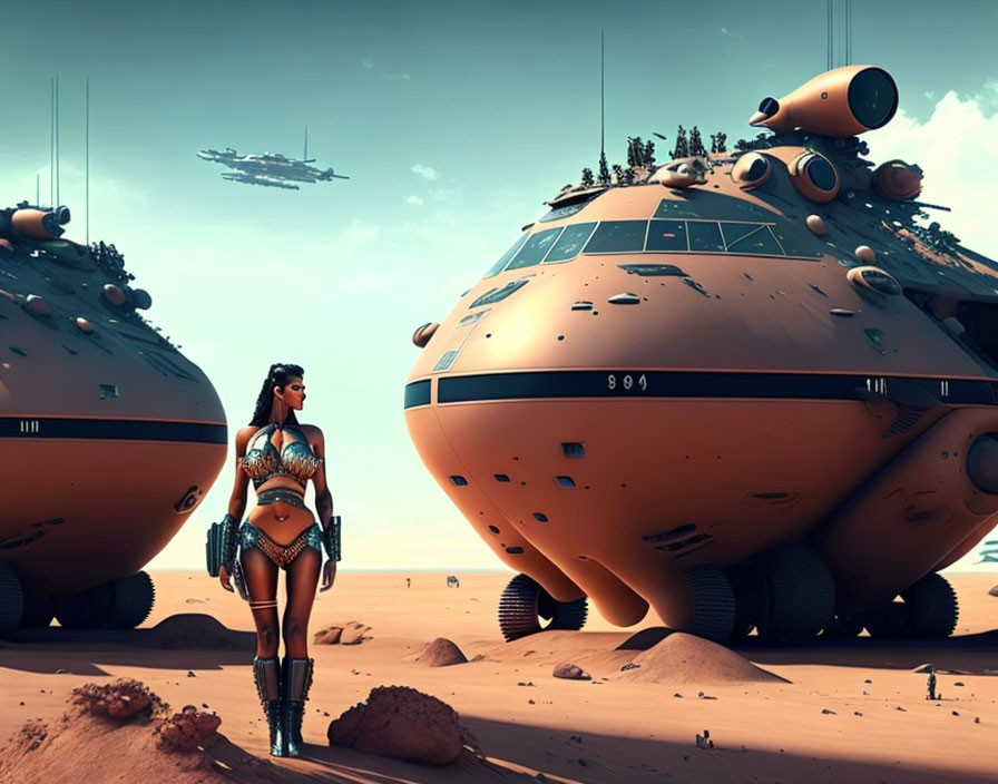 Futuristic armored woman in desert landscape with spherical structures and flying crafts