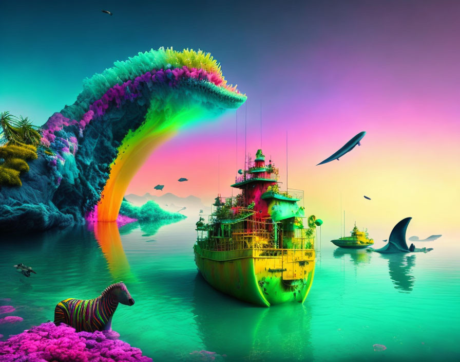 Colorful surreal seascape with coral wave, shipwrecks, zebra-fish, and