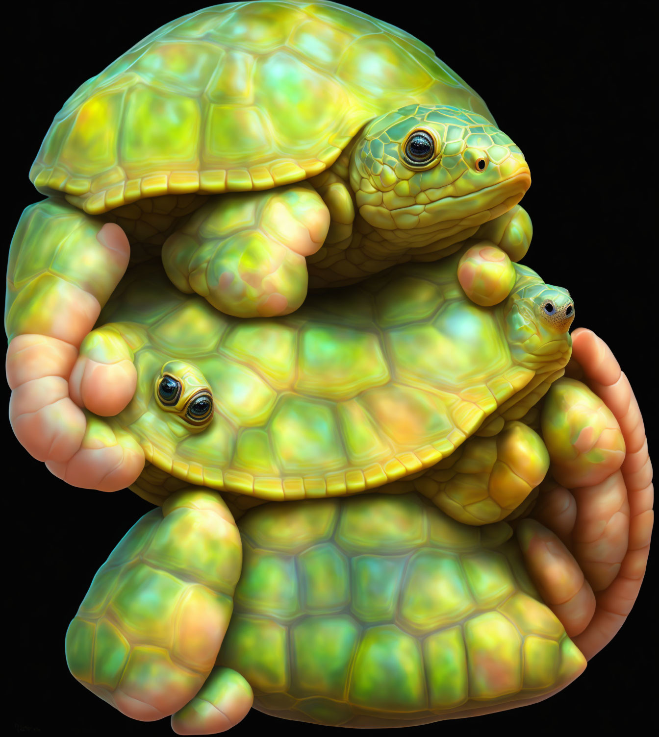 Surreal digital artwork of a multi-headed turtle with glossy texture