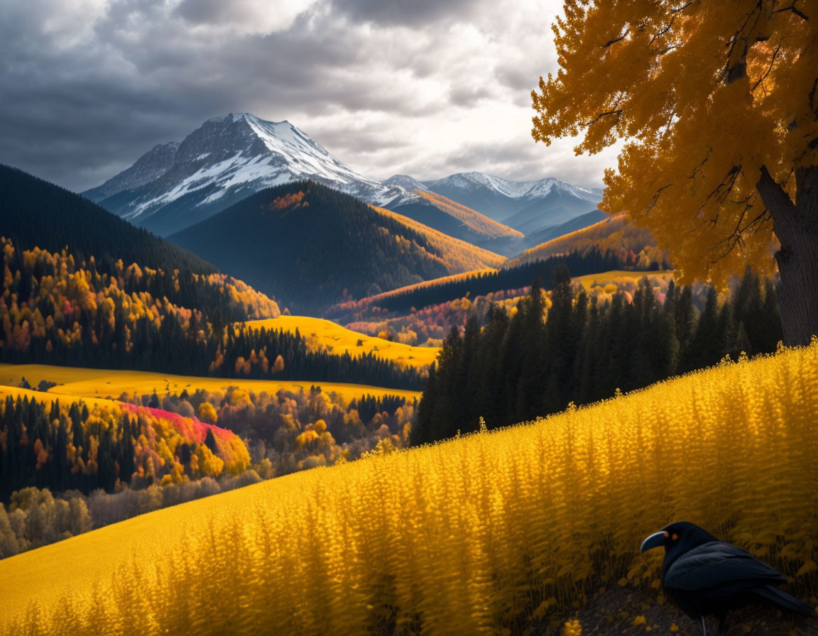 Vivid autumn landscape with crow in golden fields, colorful trees, and snow-capped mountains under dramatic