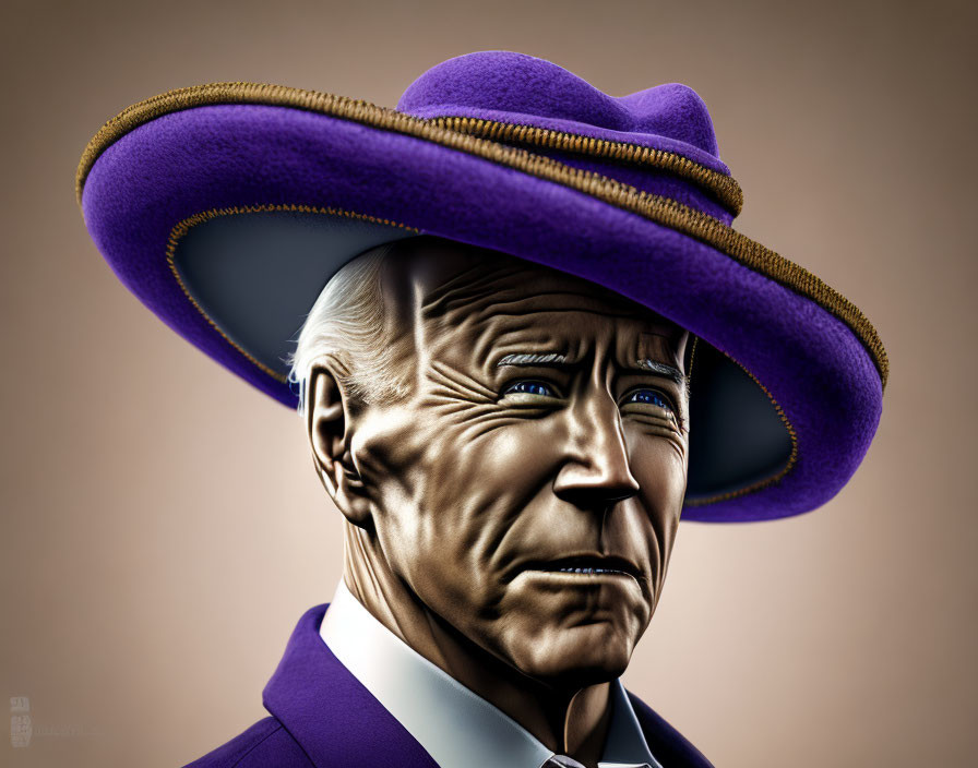 Exaggerated man in purple sombrero and suit on tan background