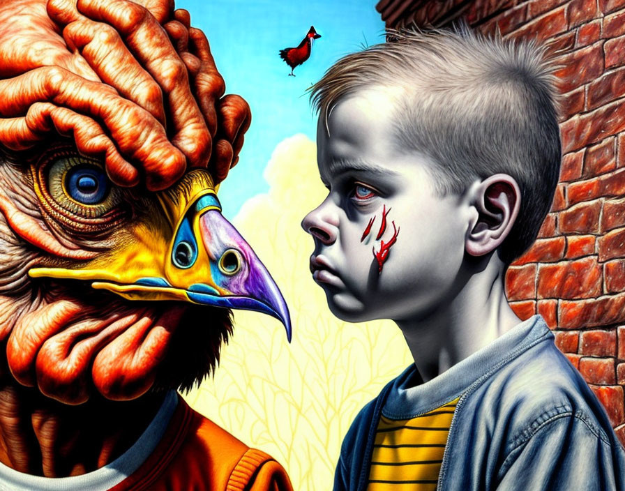 Digital artwork of boy with face paint and alien creature against brick wall.