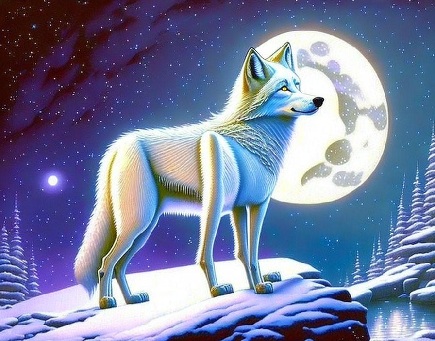 White wolf in snowy landscape under starry sky