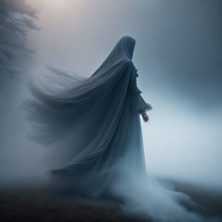 Ethereal figure in blue cloak in misty forest landscape