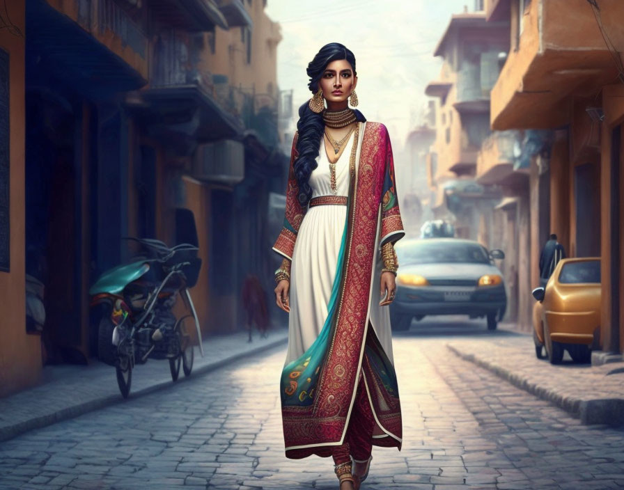 Traditional South Asian Attire Woman in Urban Setting