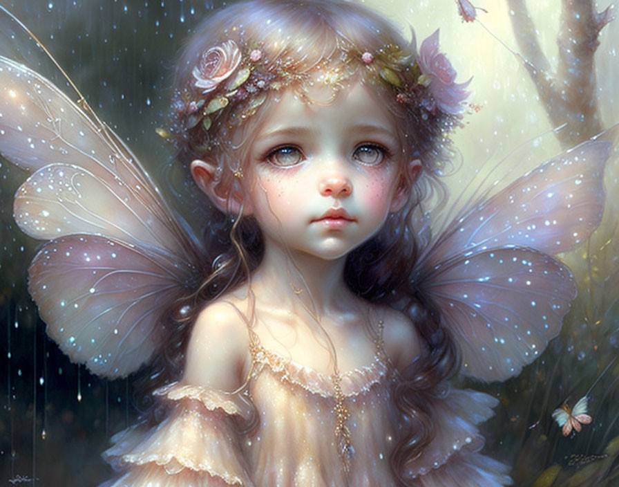 Young fairy with delicate wings and floral crown in dreamy setting