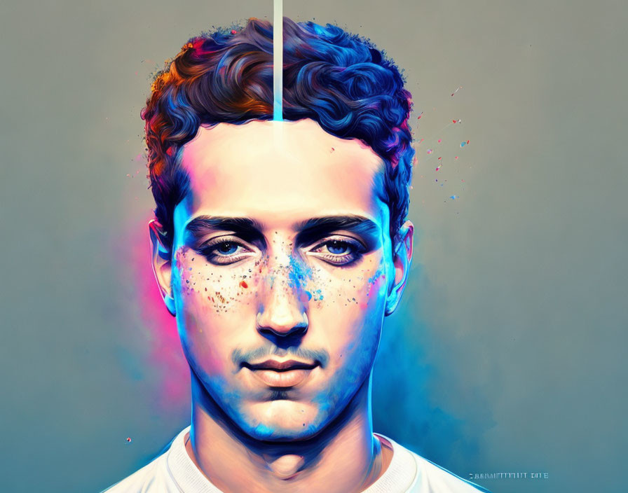 Male face split in half: Realistic vs. vibrant blue and purple hues
