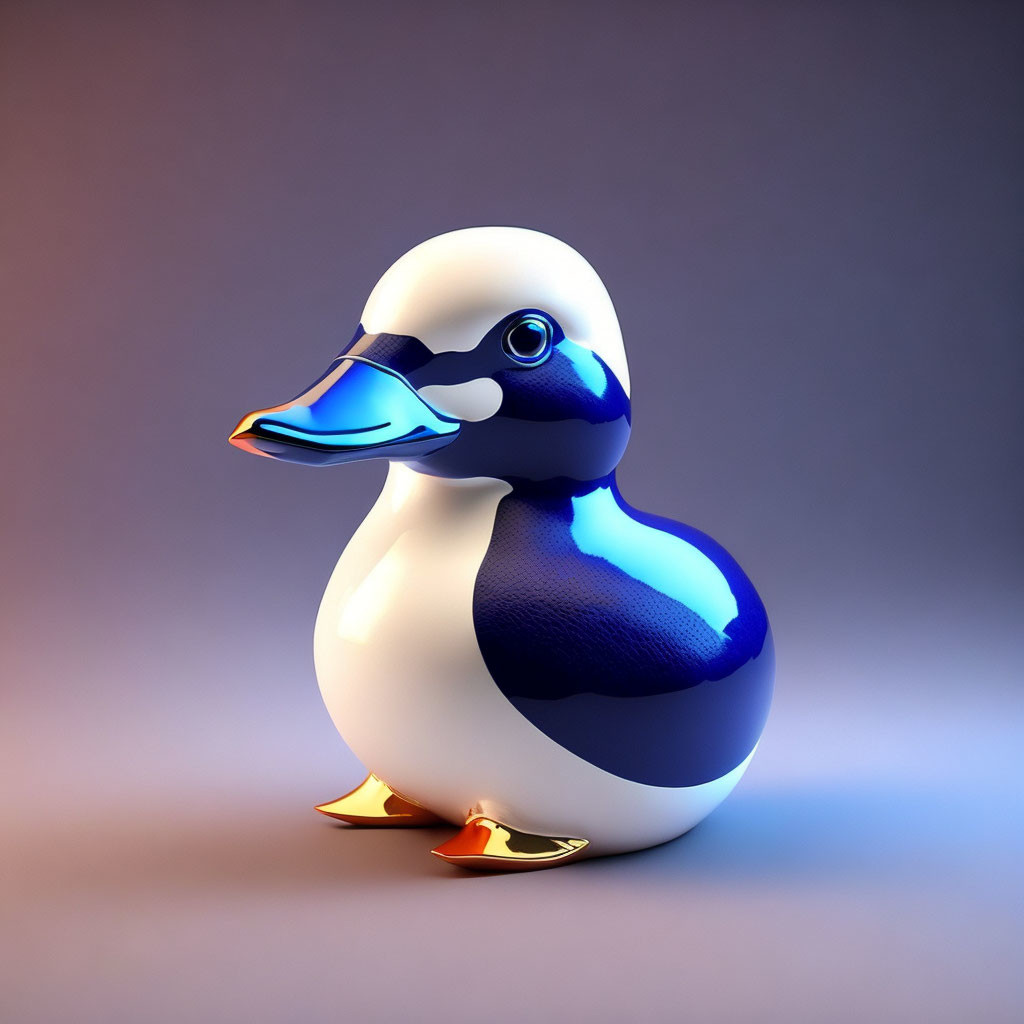 Stylized blue and white rubber duck with golden accents