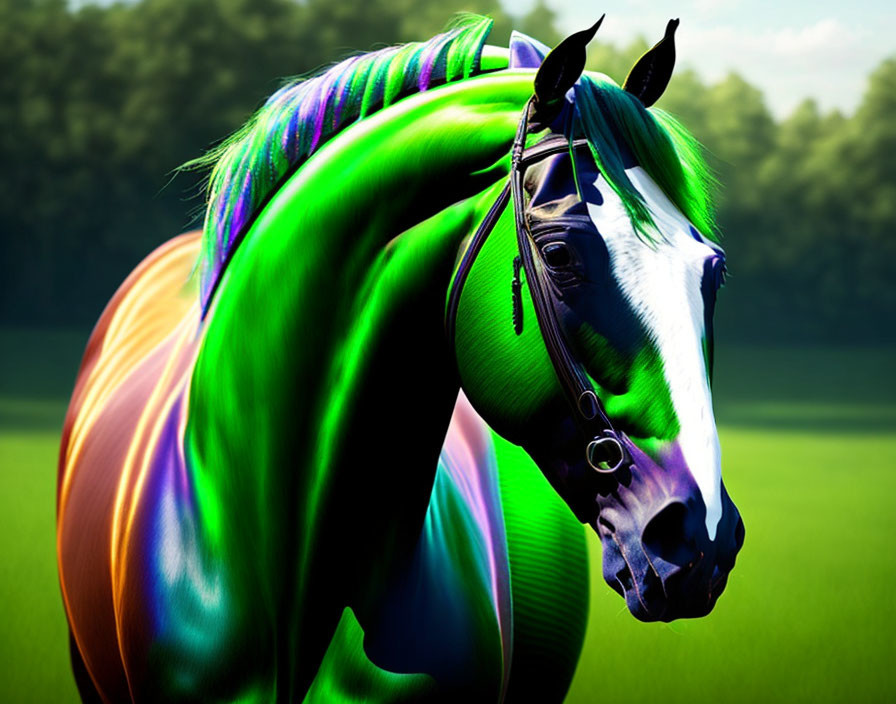 Digitally altered image of a horse with vibrant green and purple hues on its coat