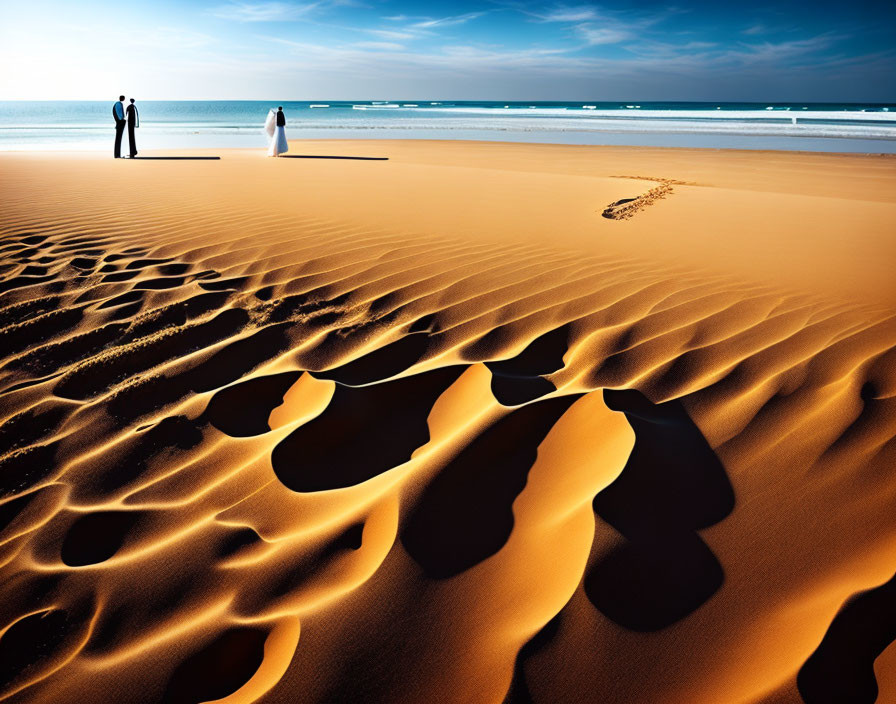 Couple on Textured Sand Dunes at Sunset with Ocean Background