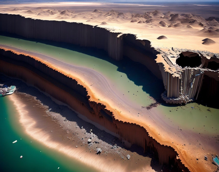 Sand quarry with steep cliffs and water contrast desert dunes.