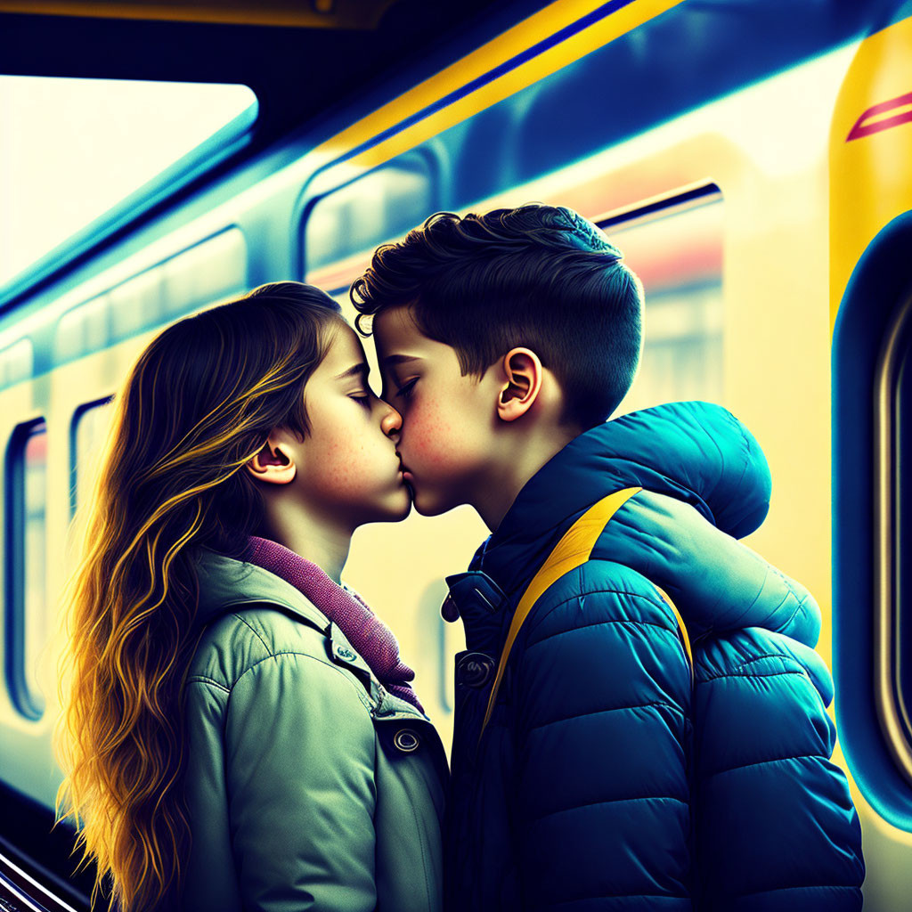 Boy kissing girls on train station 