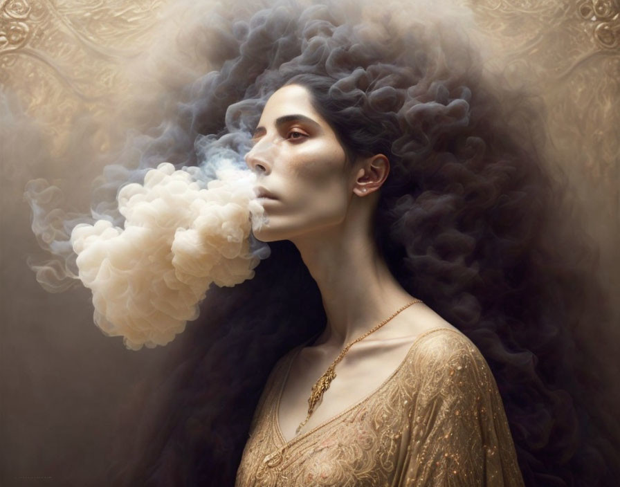Golden-dressed woman exhales smoke in surreal portrait