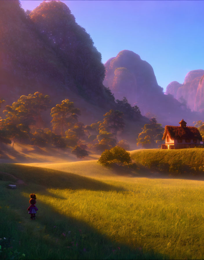 Child in lush meadow at sunrise with quaint cottage and misty hills