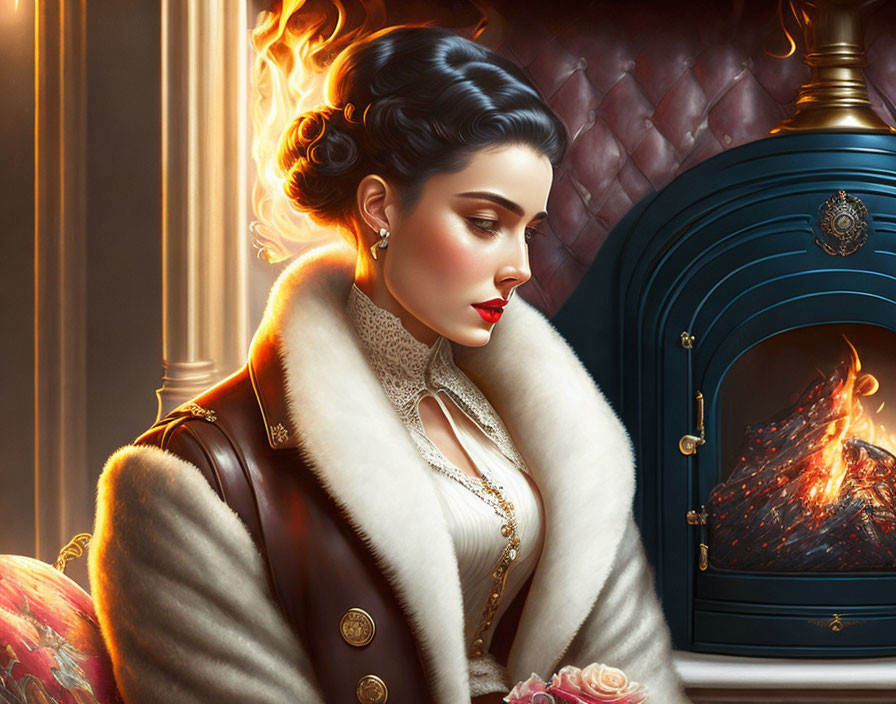 Vintage-style portrait of a woman by a fireplace in elegant attire.