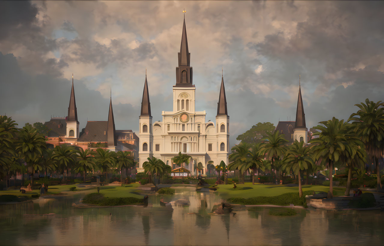 Iconic cathedral with tall spires near serene pond under dramatic sunset.