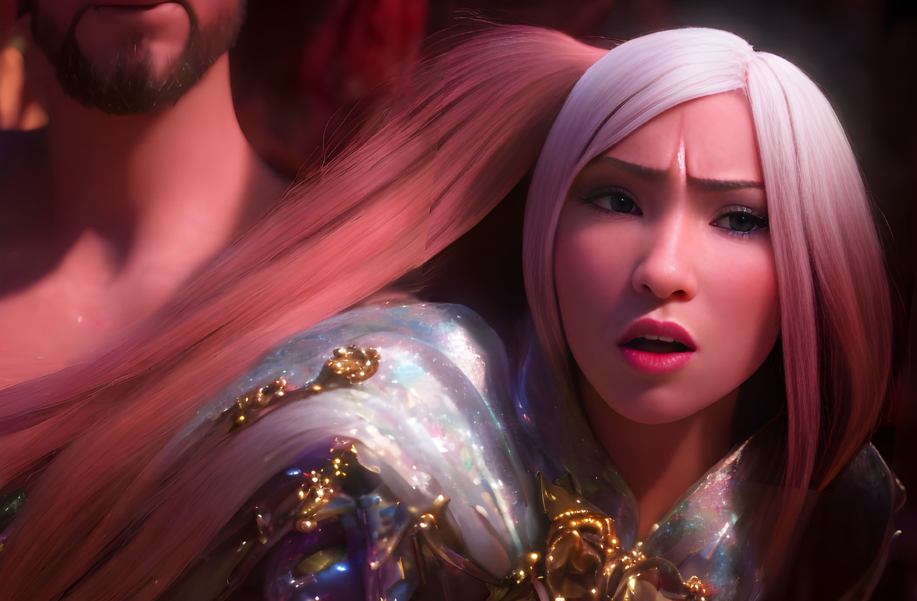 Animated female character with white hair and golden armor in close-up, showing concern with blurry background figure.