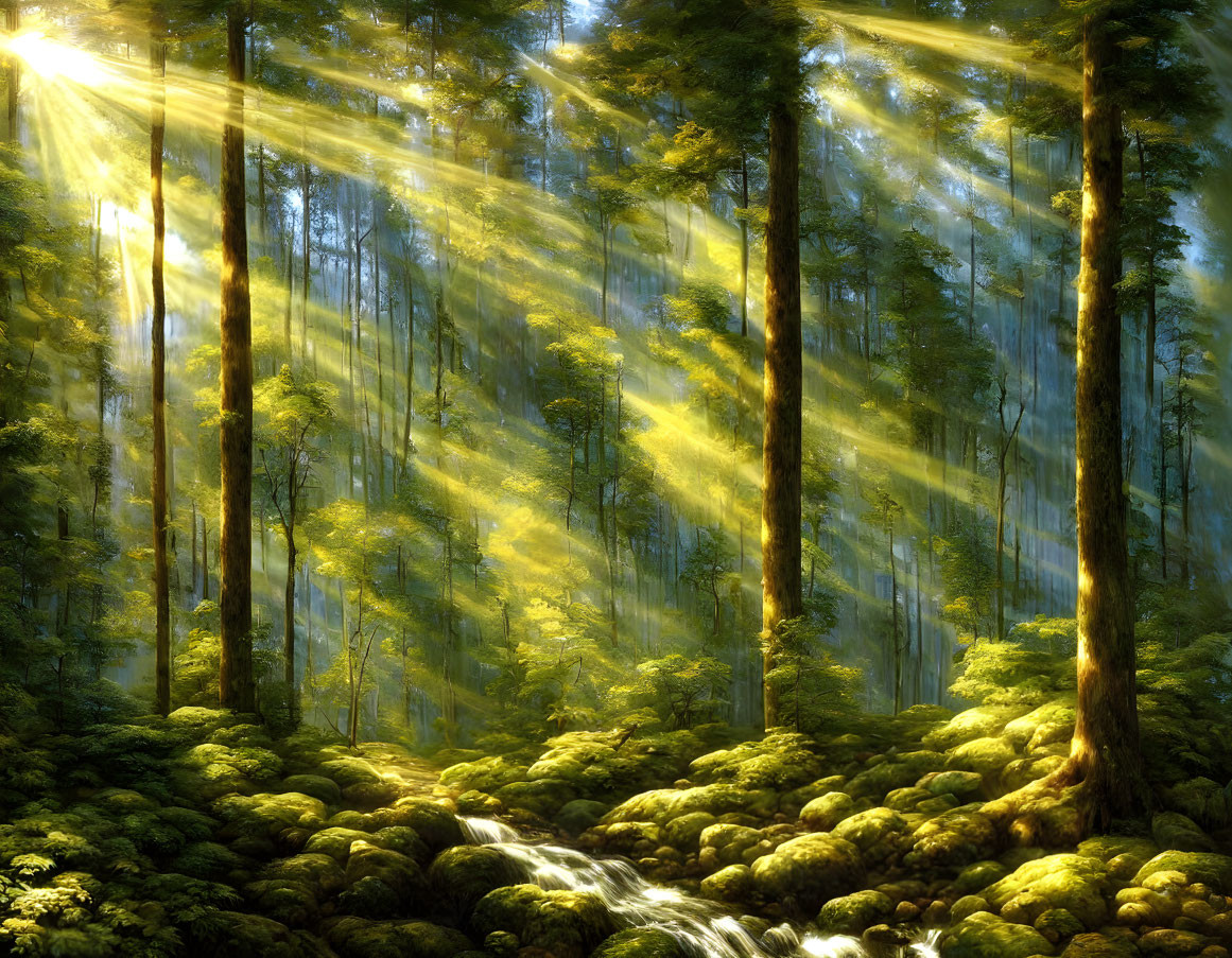 Lush forest with sunlight piercing through towering trees