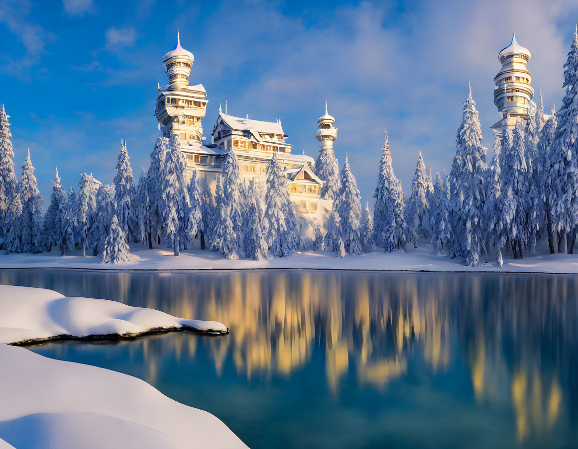 Snowy forest castle with multiple towers reflected in serene lake