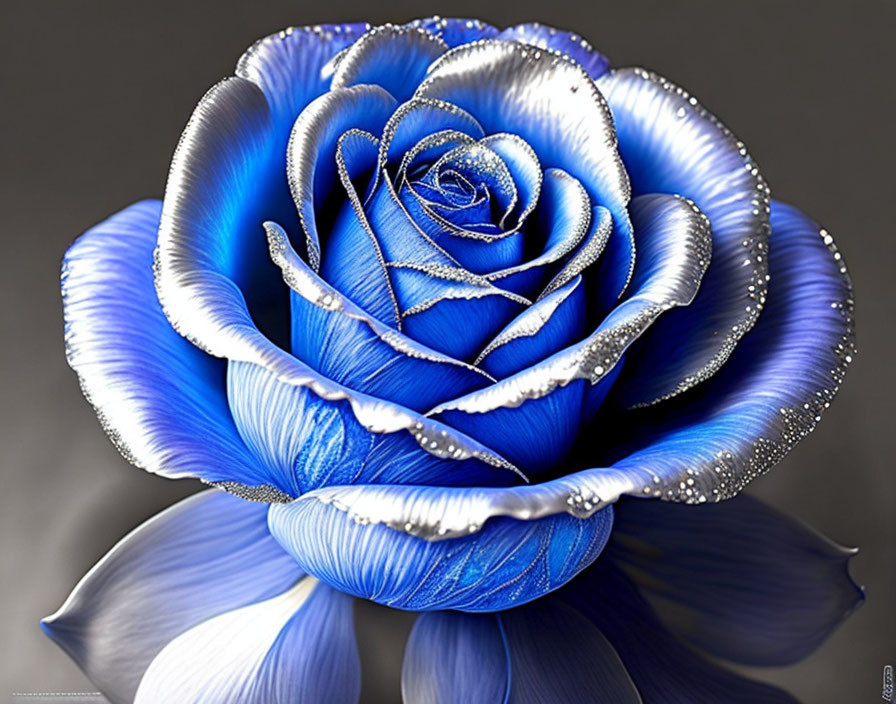 Blue Rose with Shimmering Petals and Dew-like Droplets