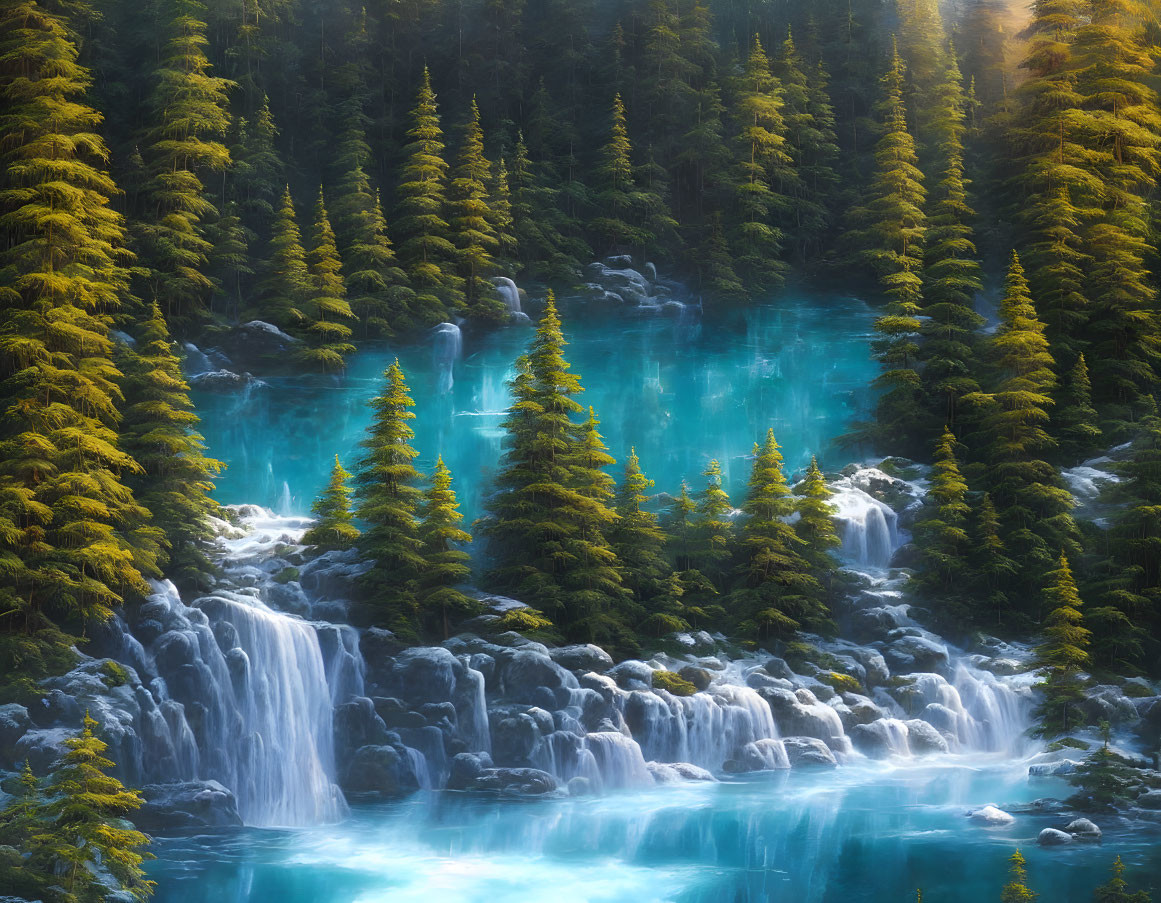 Tranquil forest with waterfalls and turquoise waters
