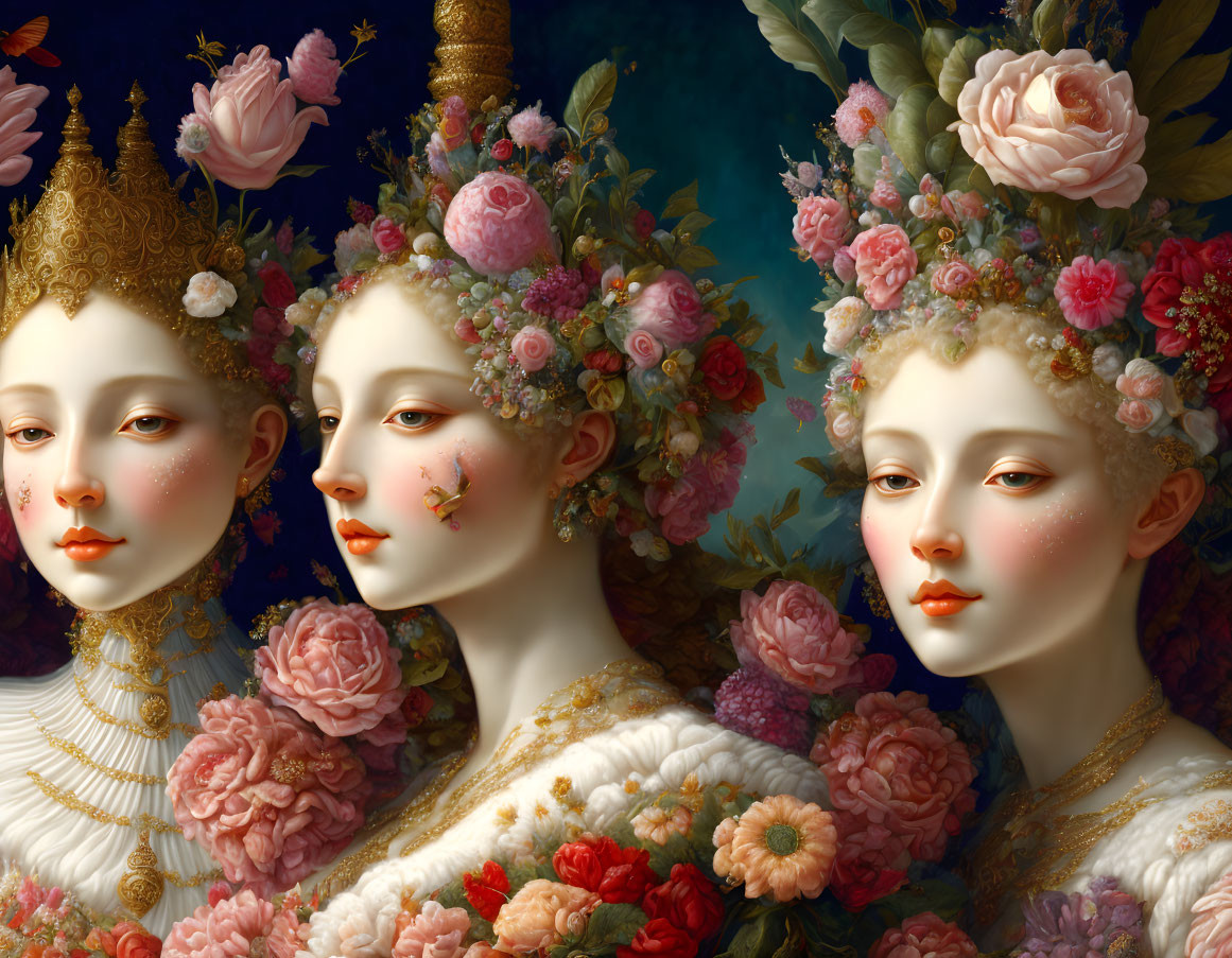 Digital Artwork: Three Ethereal Women with Floral Headpieces on Deep Blue Background