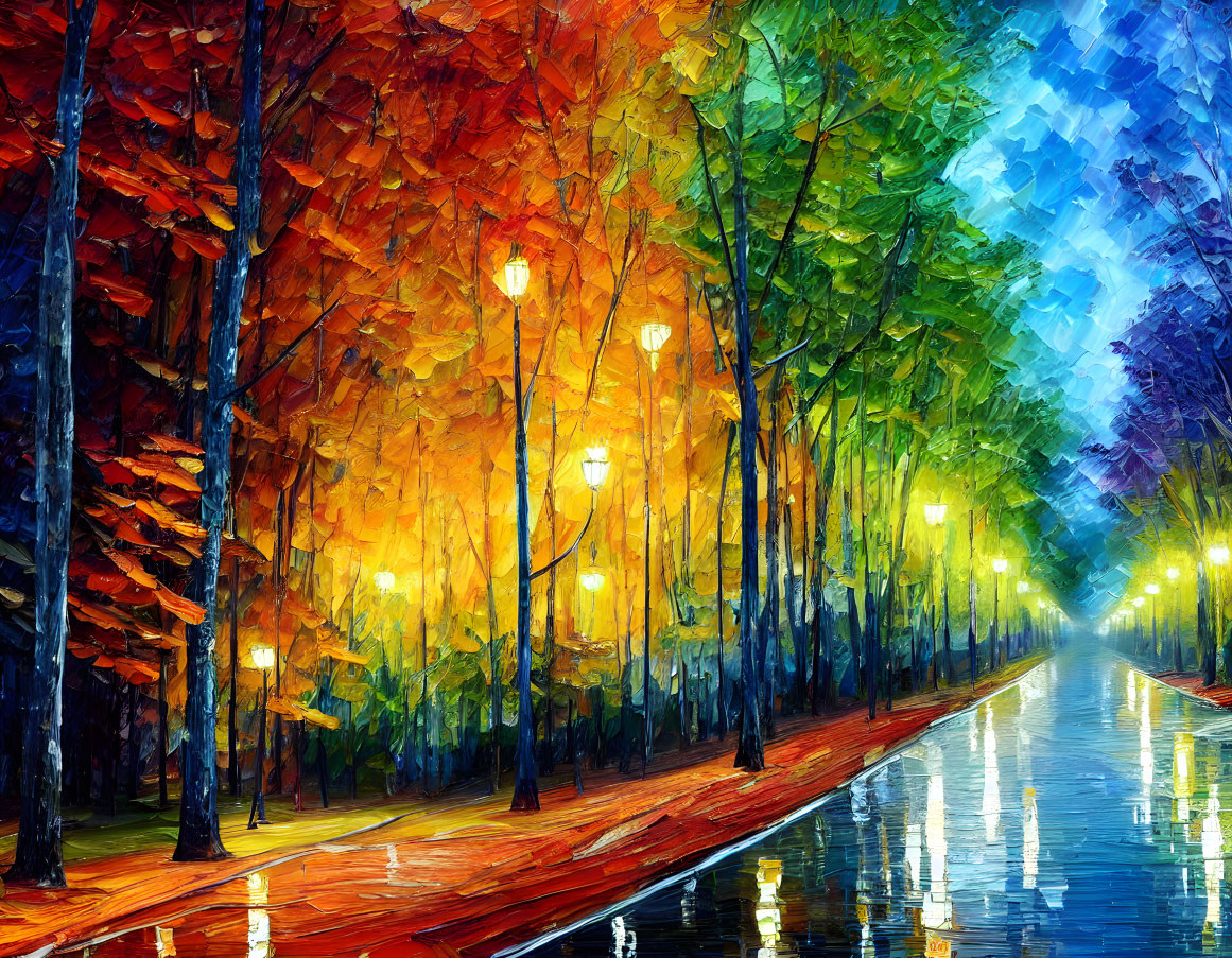 Vibrant impressionistic painting of tree-lined autumn pathway