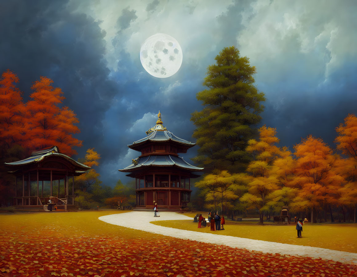 Traditional Japanese pagoda and pavilion in vibrant autumn setting with full moon