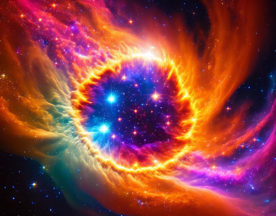 Circular Nebula Glowing in Fiery Orange and Yellow Amid Rich Interstellar Space